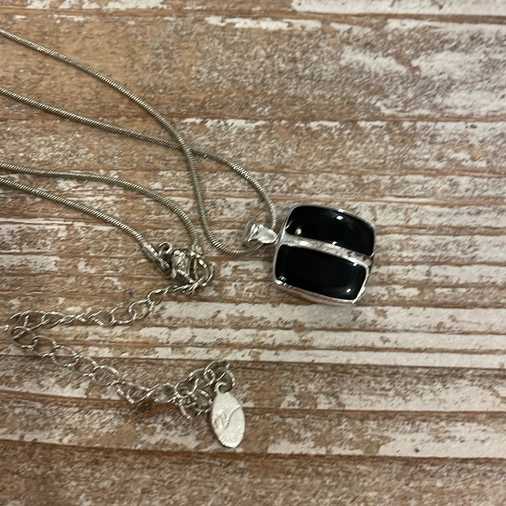 Vintage Silver Tone Reversible Square Pendant Bla… - image 4